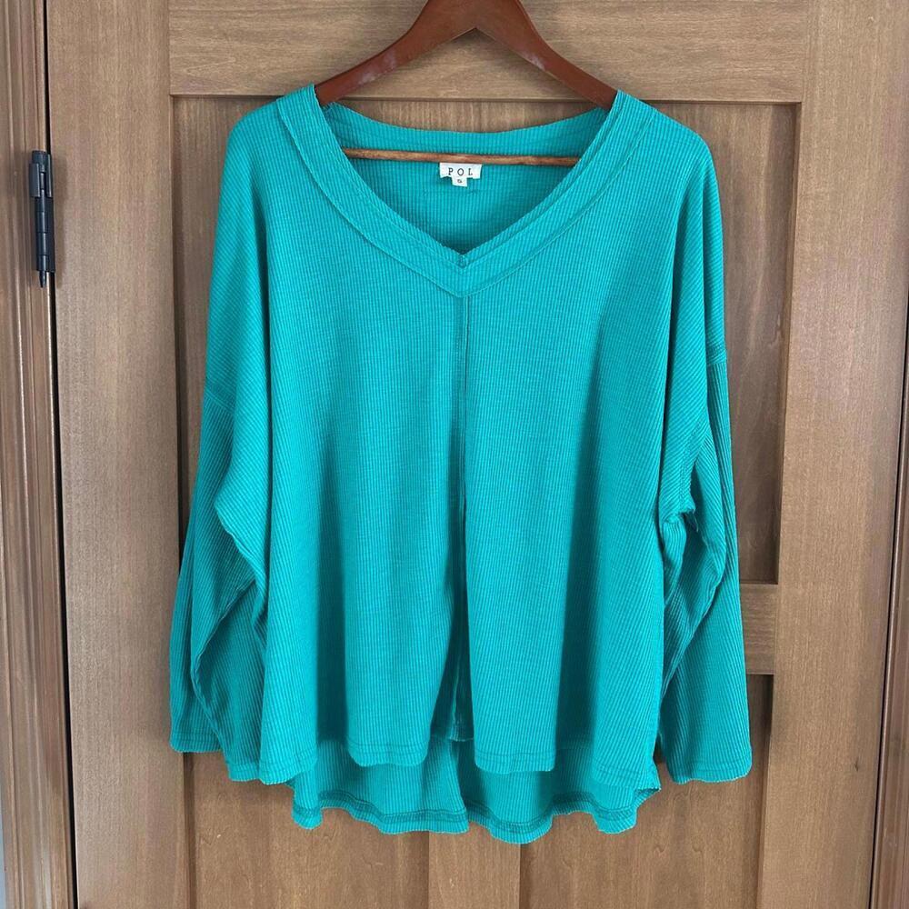 POL Wide Sleeve Oversized Thermal Knit Top Teal Blue / Green Women’s size Small